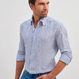 Classic Fit Streifen Navy Button Down Leinen